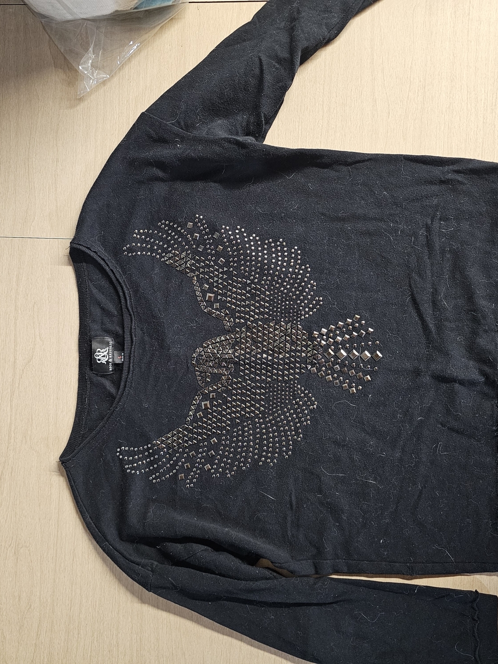 Rock & Republic Black Studded Eagle Long Sleeve Top